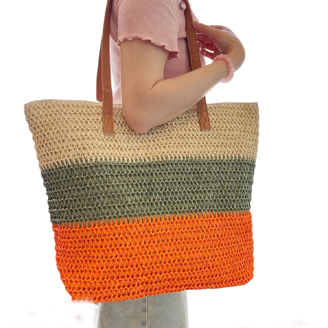 Cosbai - Colorblock Striped Crochet Tote Bag - Large &amp; Classic