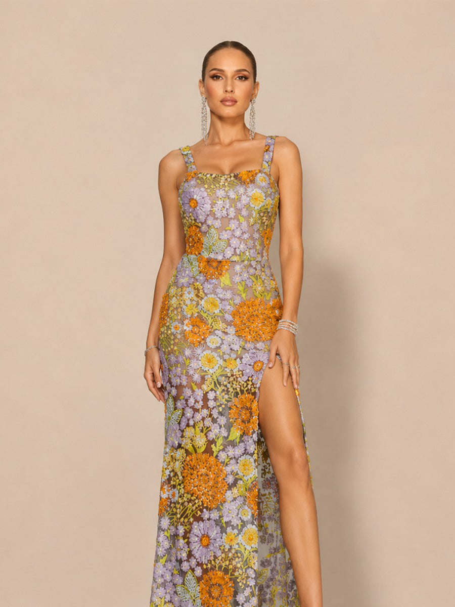 Aria Romantic Embellished Sequin Floral High Slit Maxi Dress