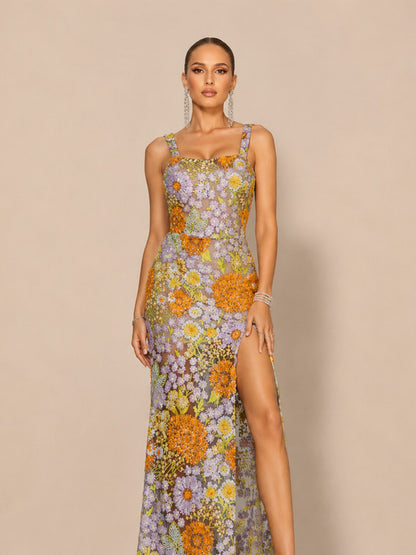 Aria Romantic Embellished Sequin Floral High Slit Maxi Dress