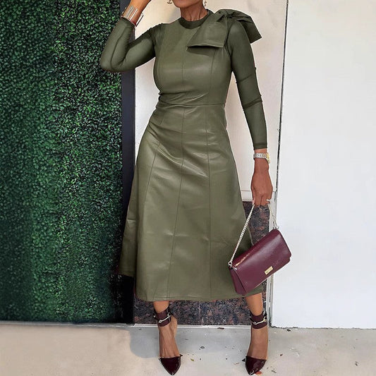 Long Sleeve Solid Split Round Neck Shirt Dress Set