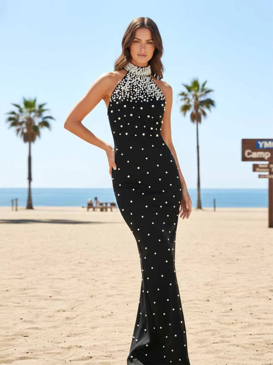Persephone Pearl Halter Maxi Dress