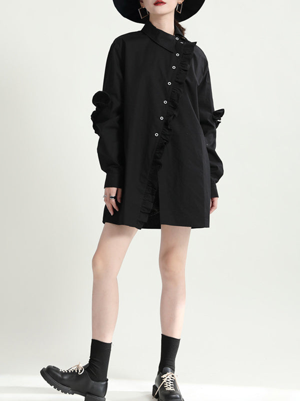 Loose Solid Color Ruffled Irregularity Buttoned Blouses