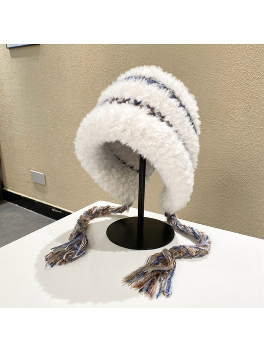 Haila - Plush &amp; Heavyweight Color-Block Earflap Beanie with Tassels