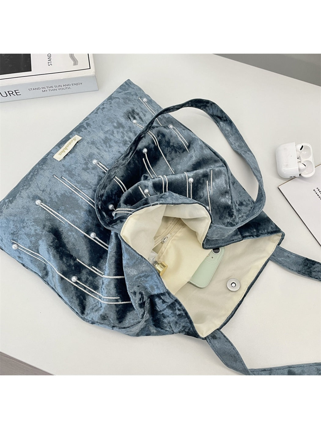 Cosbai - Velvet Beaded Tote Bag with Magnetic Closure