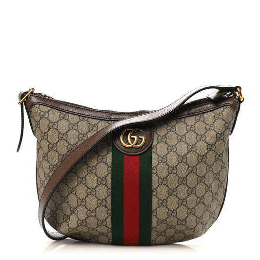 GG Supreme Monogram Web Small Ophidia Half Moon Hobo Brown