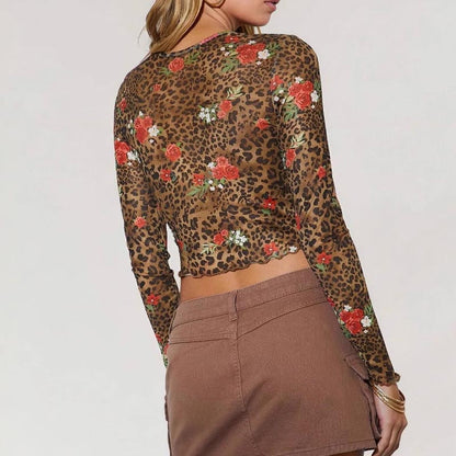 Leopard Print Round Neck Long Sleeve Blouse