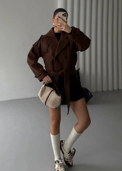 Cropped Wool Blend Belted Trench Jacket
