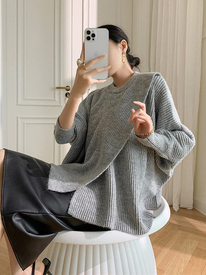 Irregularity Loose Solid Color Batwing Sleeves Round-Neck Sweater Tops