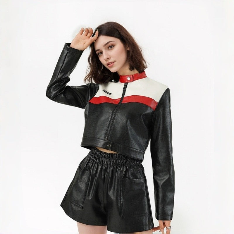Short Color Block Biker Jacket