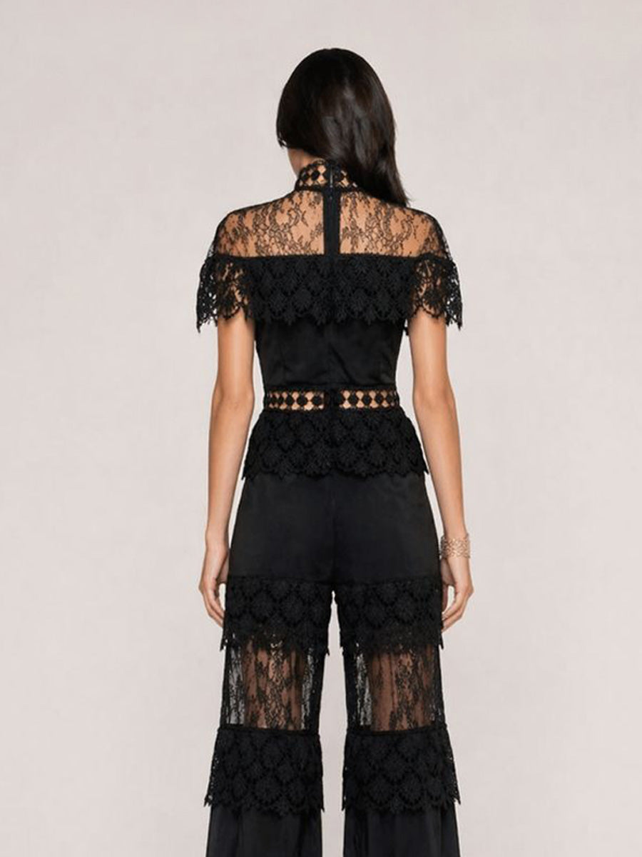 Ivana Elegant High-Neck Ruffled Short-Sleeved Lace Set