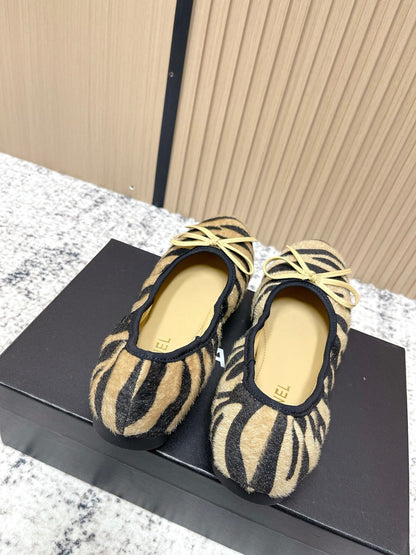Chanel 26 Tiger Print Brown Black Ballet Flat in Sheepskin Wool 591377