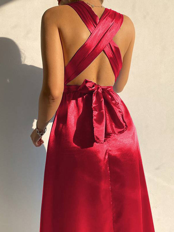 Solid Color Bandage Sleeveless Elegant Satin Midi Dresses