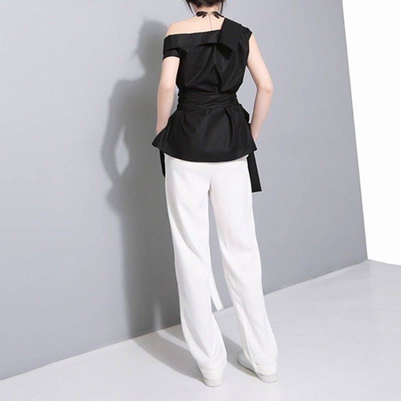 Off Shoulder Sleeveless Shirt Polyester Stand Collar