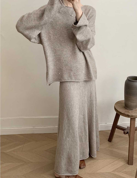 Casual Round Neck Sweater Maxi Skirt Set