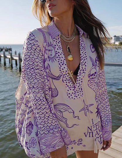 Casual Print Deep V-Neck Top Short Set