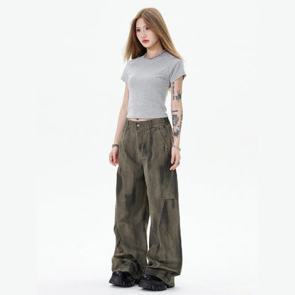 Distressed Tie-Dye Cargo Pants Wide Straight Longline Unisex Design