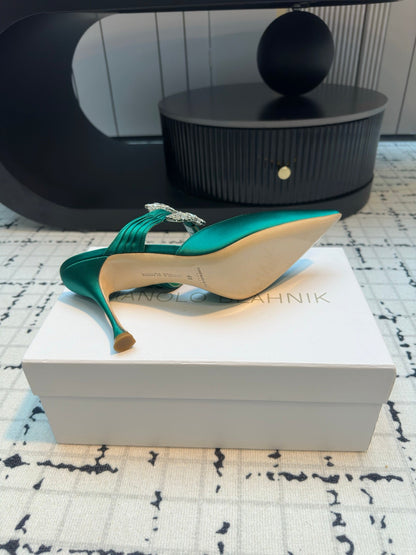 Manolo Satin Maidugura Mules 90mm Green Teal Satin