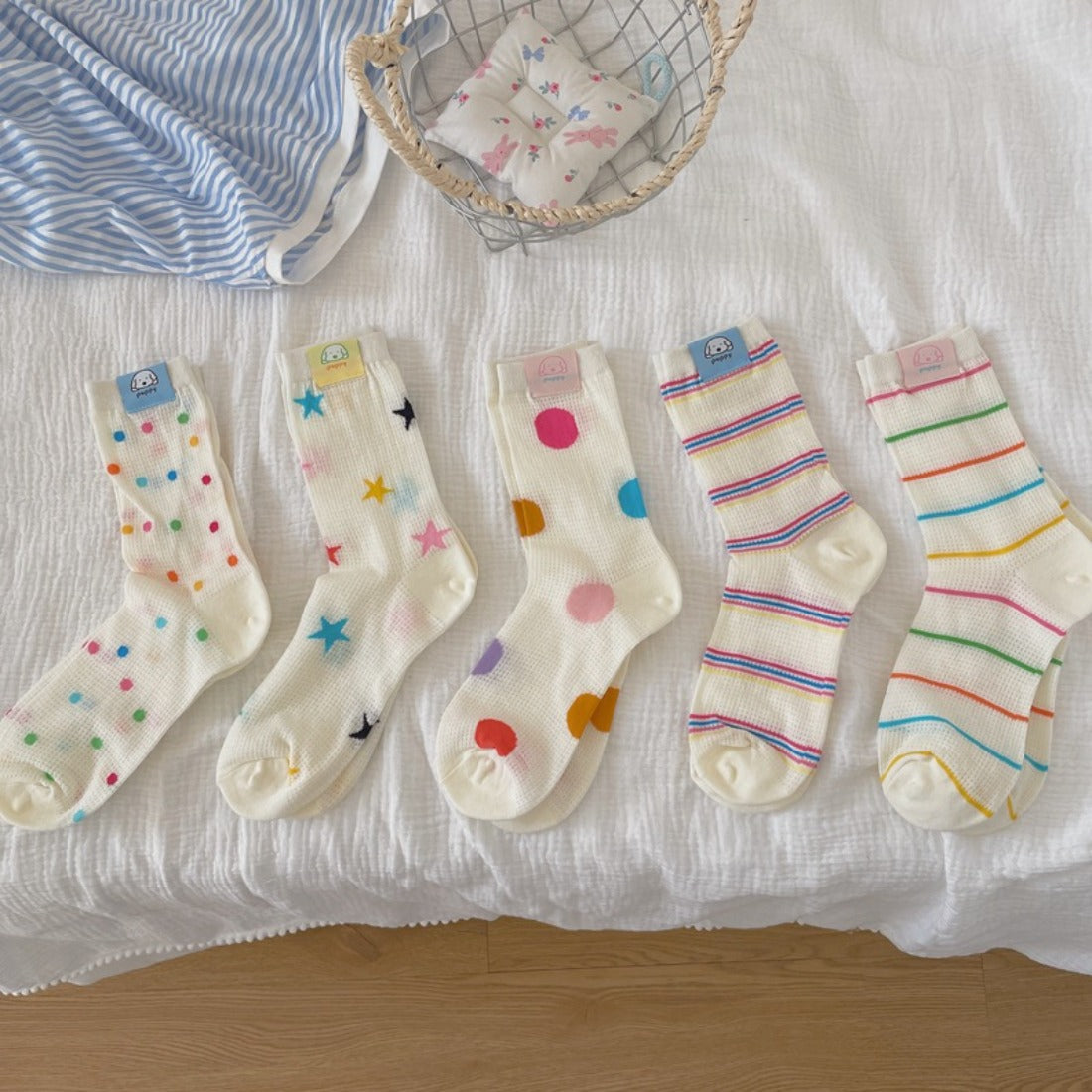 Rufia - Colorful Polka Dot Striped Mesh Crew Socks