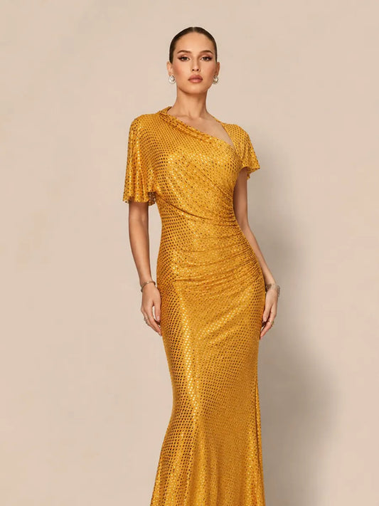 Annalise Chic Contour Asymmetric Ruched Crystal Knit Yellow Maxi Dress