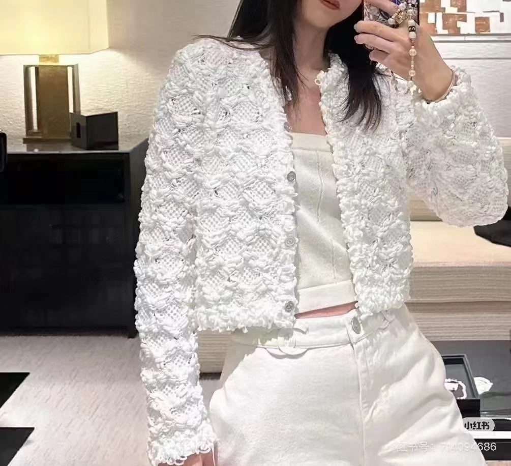 Chanel 25 White Knitted Viscose Fiber Coat