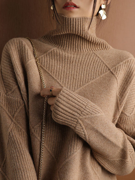 Loose Rhombus Solid Color High-Neck Sweater Tops