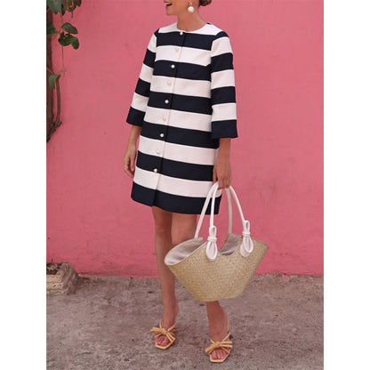 Loose Three-quarter Sleeves Buttoned Striped Round-neck Jackets&Coats Outerwear