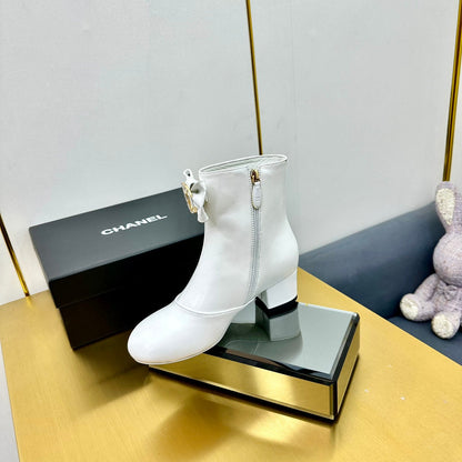 CC Bow-Adorned Rhinestone Boots White Cowhide 564596