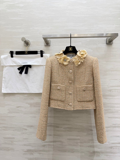 CC 26s Coat 3D Floral Embellished Beige Wool Blend Tweed