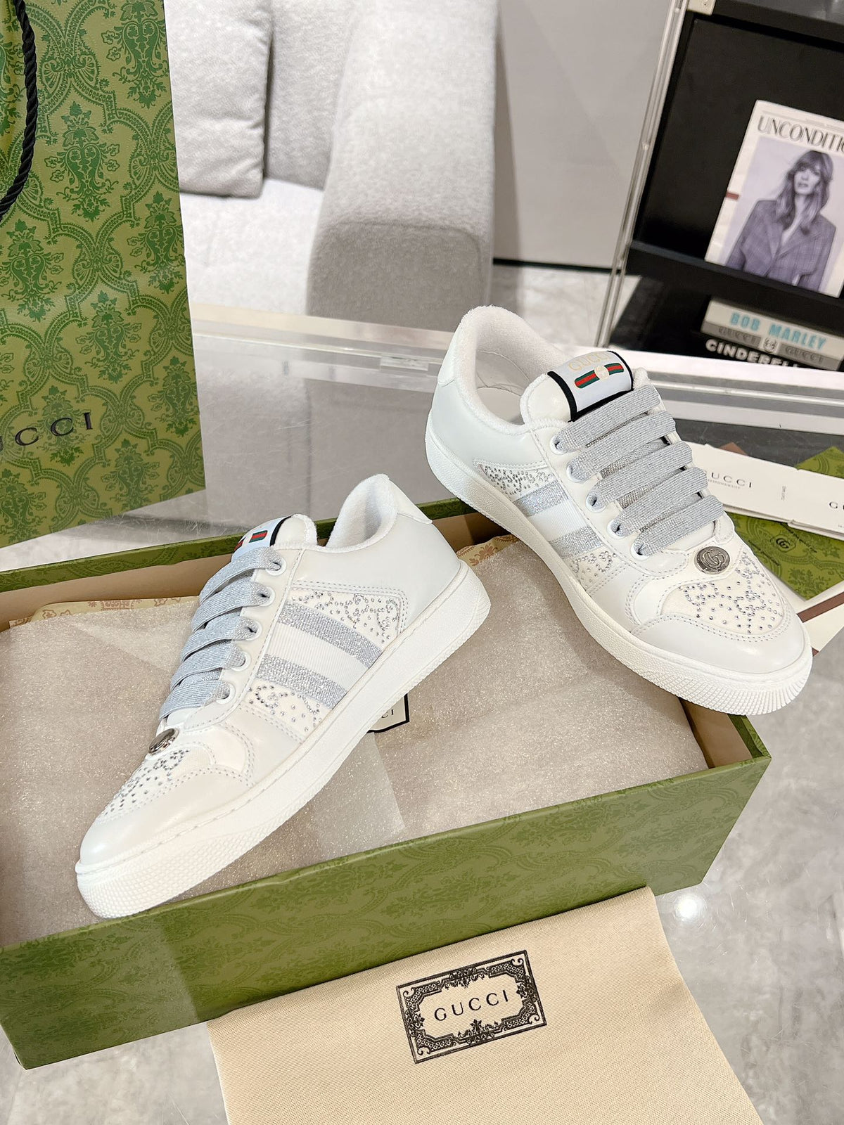 Gucci 2025 Screener Sneaker White Gray Leather Canvas 758539