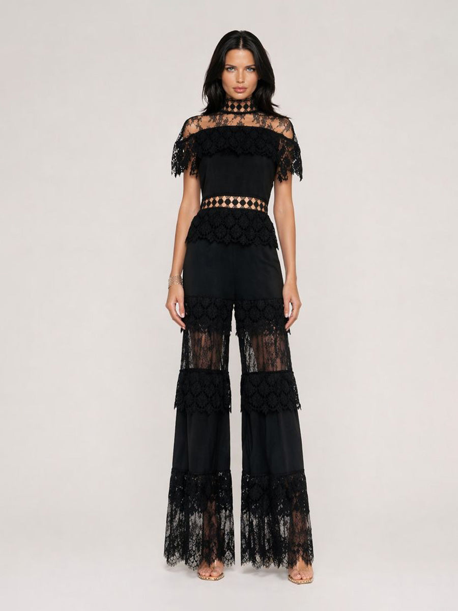 Ivana Elegant High-Neck Ruffled Short-Sleeved Lace Set