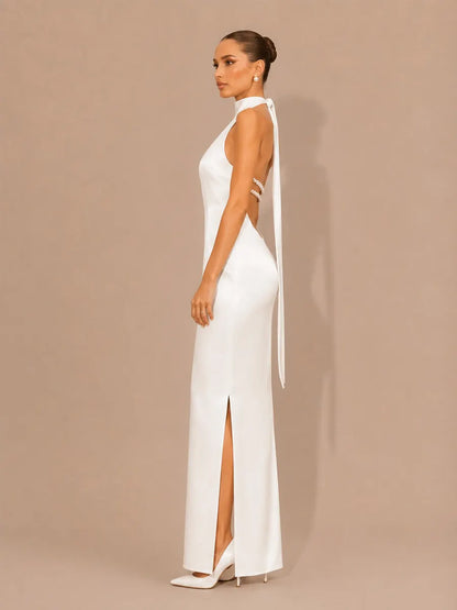 Selene Halter-Neck Beaded-Back Maxi Dress