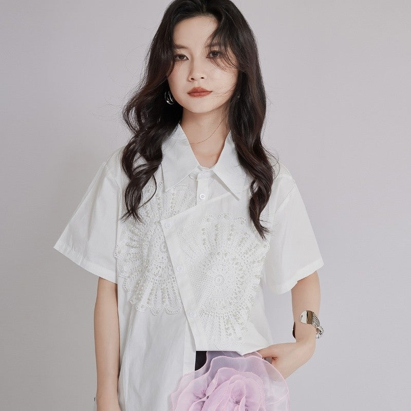Heavy Duty Embroidered Asymmetric Lapel Short Sleeve Shirt