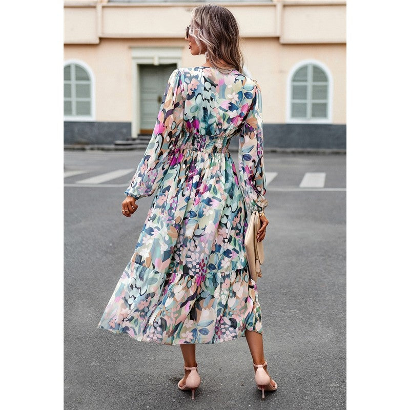 Casual Irregular Color Block Printed V-Neck Long-Sleeved Dress
