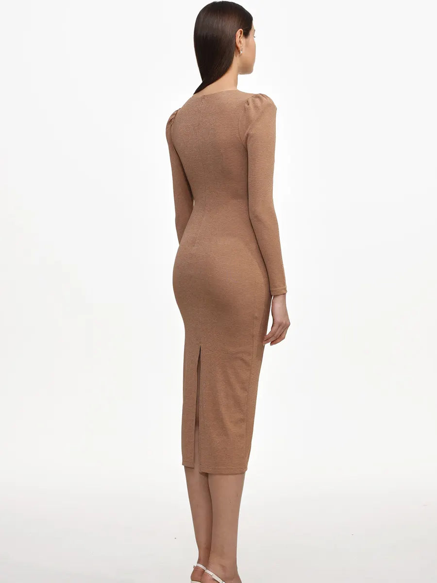 Isla Elegant Contour Long Sleeve Ruched Knit Midi Dress