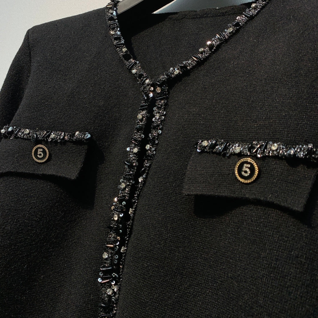 Chanel 26 Beaded Stylish Button Cardigan Black in Wool 800686