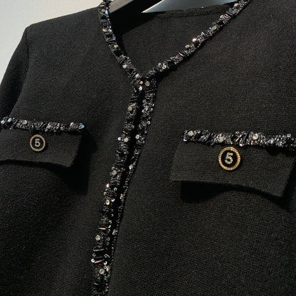 Chanel 26 Beaded Stylish Button Cardigan Black in Wool 800686