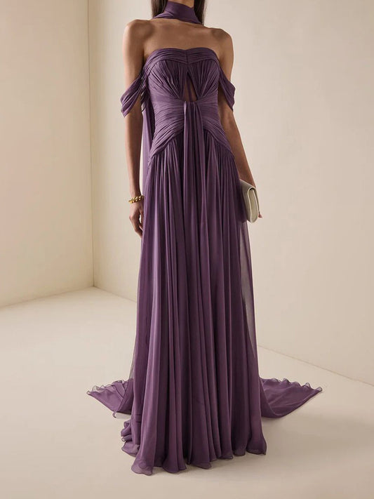 Anaya Strapless Pleated Maxi Dress with Halter Neck Ties