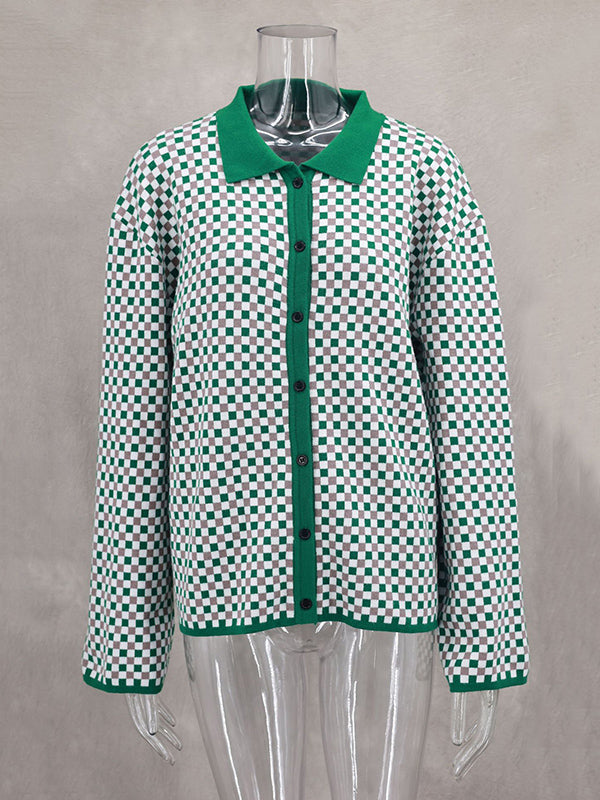 Long Sleeves Loose Plaid Split-Joint Lapel Cardigan Tops Sweater Tops