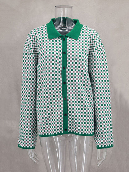 Long Sleeves Loose Plaid Split-Joint Lapel Cardigan Tops Sweater Tops