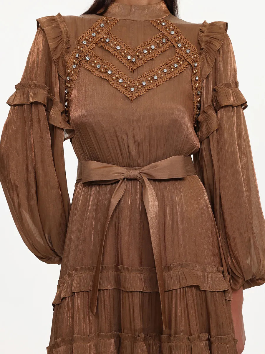 Kaia Flowy Long Sleeve Rhinestone Ruffle Woven Maxi Dress