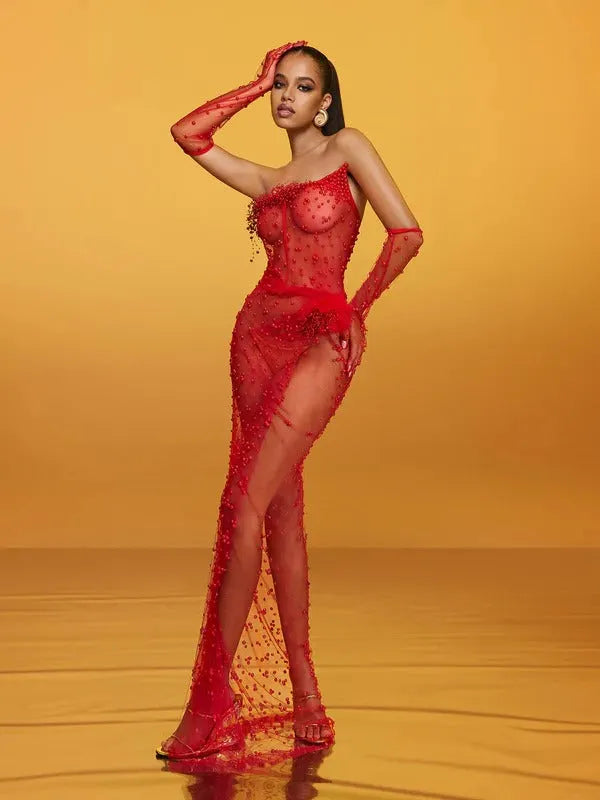 Asterra Strapless Pearl Mesh Maxi Dress