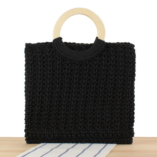 Crochet Market Bag Wooden Handle Handbag
