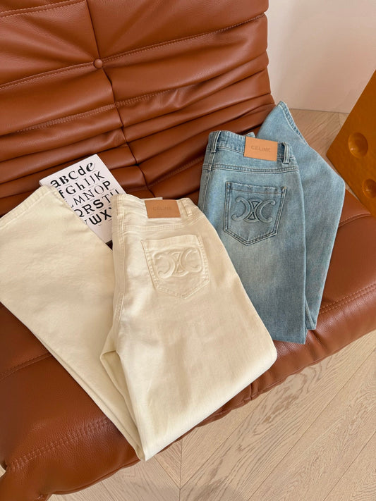 Celine 25 Arc de Triomphe Pattern Straight Jeans Cotton