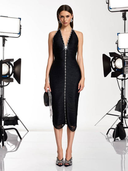 Peyton V Neck Fringe Rhinestone Midi Dress
