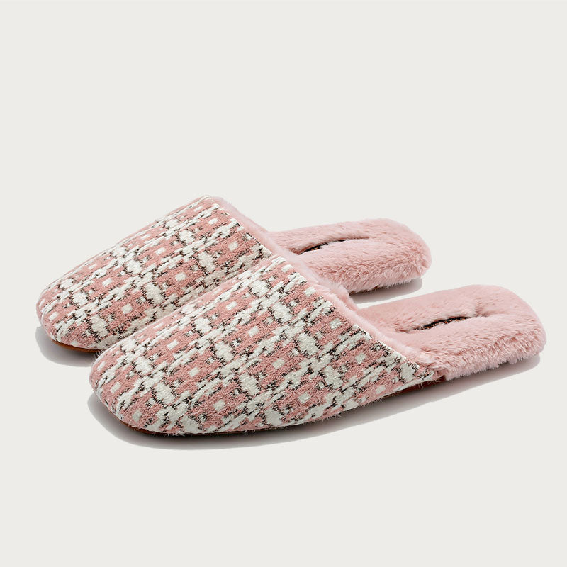 Elegant Color Block Plaid Plush Indoor Slippers