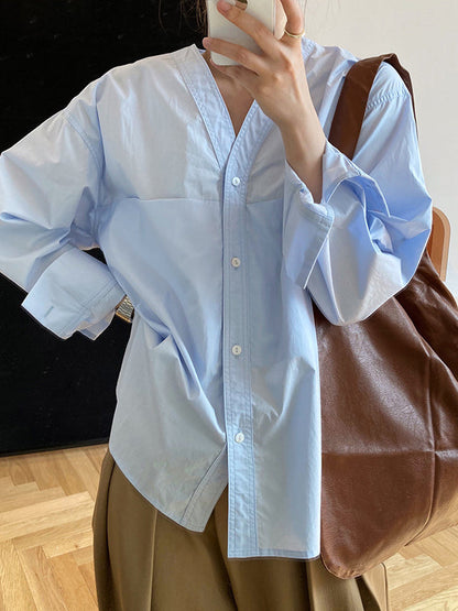 Long Sleeves Loose Buttoned Solid Color Split-Joint V-Neck Blouses&Shirts Tops