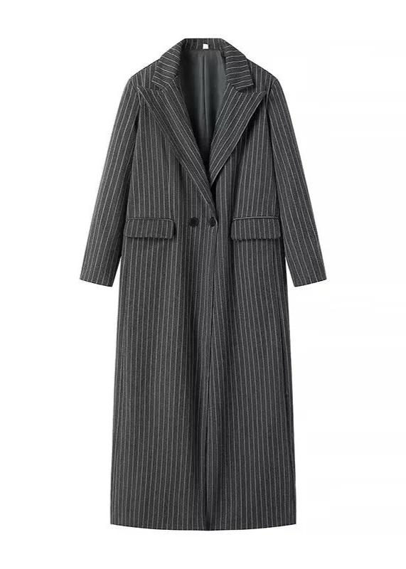 Long Woolen Coat Pinstripe Tailored Fit Gray