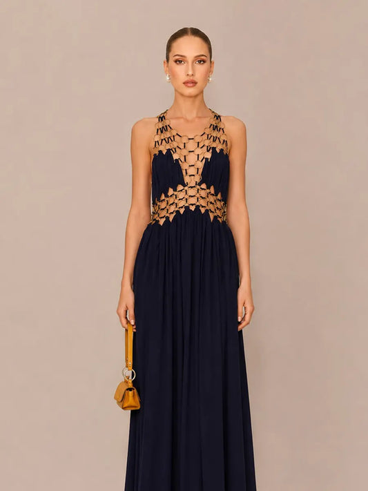 Natalia Handcrafted Deep-V Cut-Out Maxi Dress In Black