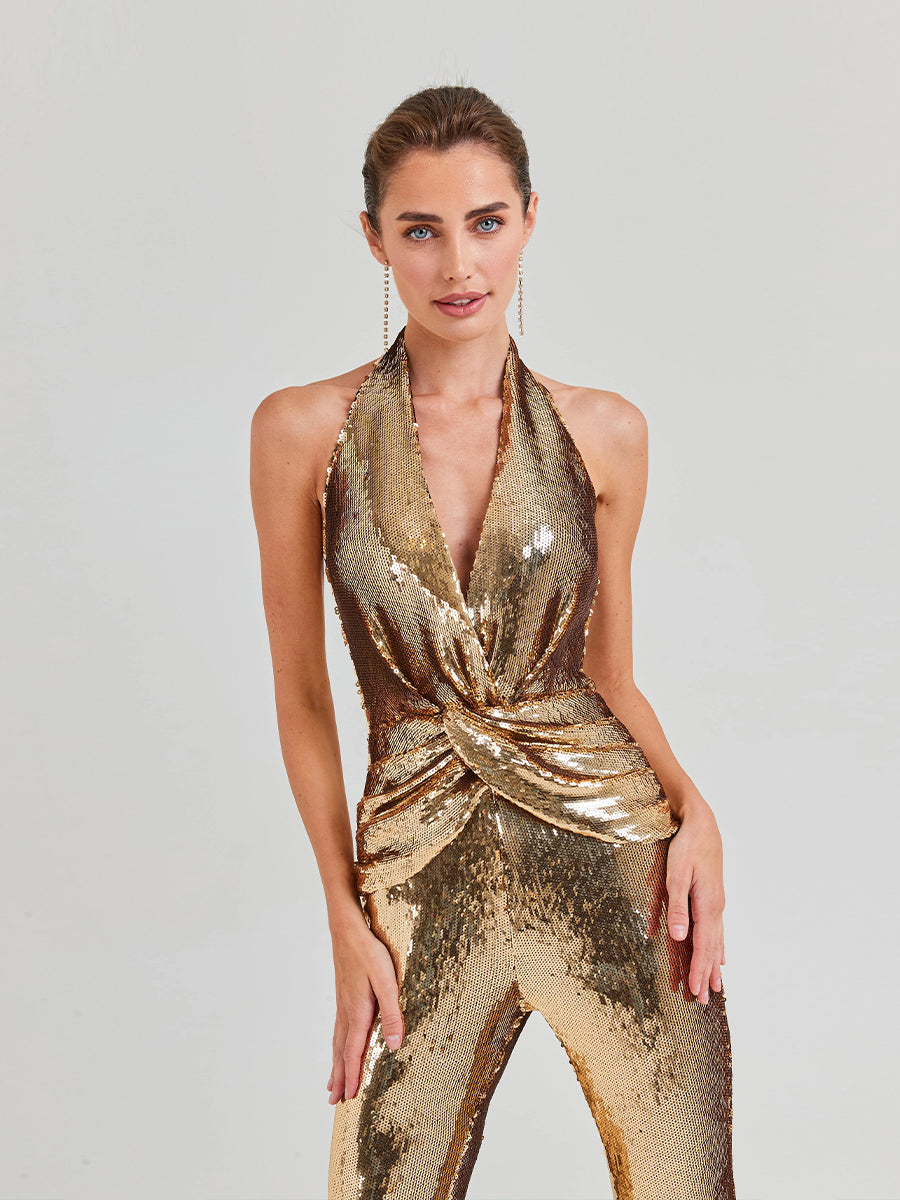 Enoch Backless Twisted Sequin Jumpsuit