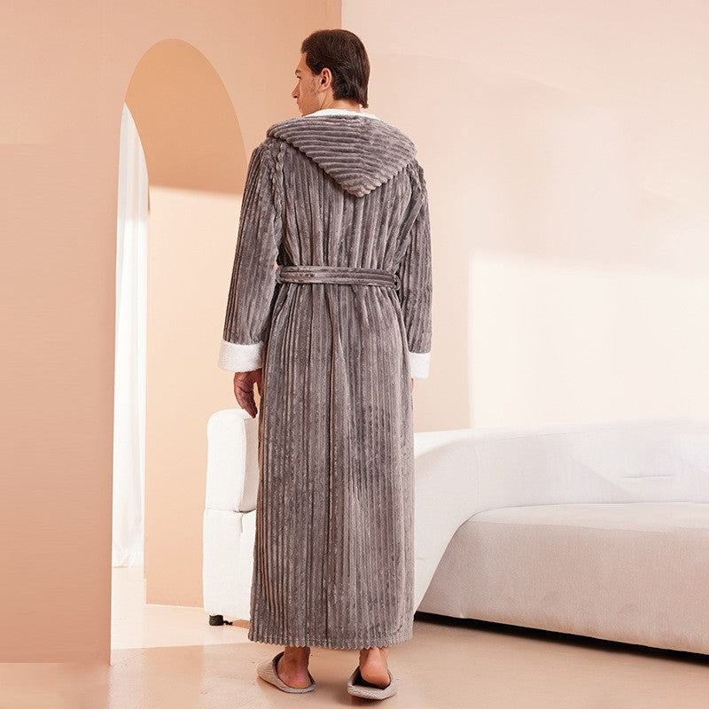 Men's Extra Long Fleece Striped Hooded Robe